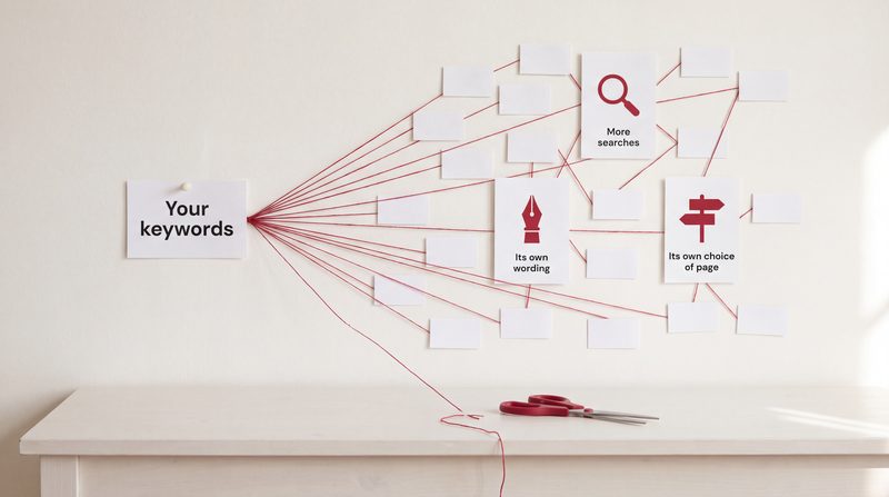 A card reading Your keywords with crimson threads fanning out to many cards, three of them labelled More searches, Its own wording and Its own choice of page, and crimson scissors beside a cut thread