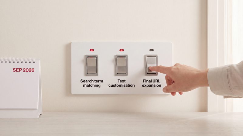 A switch panel labelled Search term matching, Text customisation and Final URL expansion, the first two lit and a hand pressing the third, beside a desk calendar showing September 2026