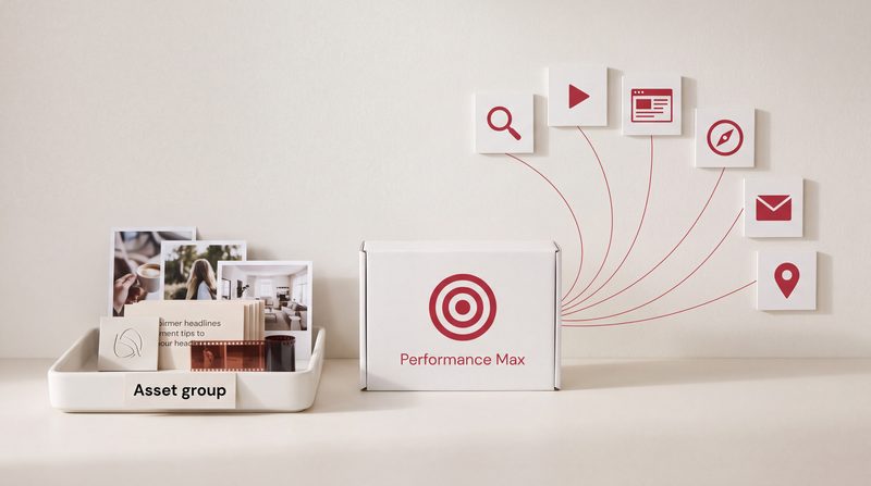 A tray labelled Asset group holding photographs, headline cards and film, beside a box labelled Performance Max with a crimson target, linked to six symbols for Search, YouTube, Display, Discover, Gmail and Maps