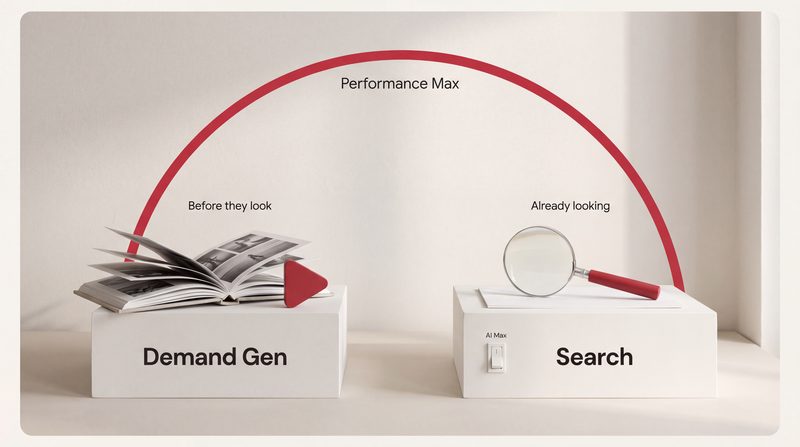 Two plinths, Demand Gen under the words Before they look and Search with a small AI Max switch under the words Already looking, joined by a crimson arc labelled Performance Max