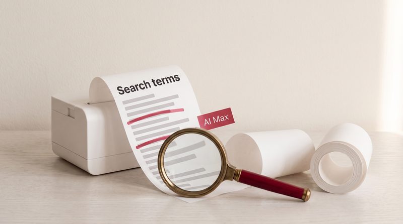A long paper receipt headed Search terms curling out of a small printer, two rows marked in crimson and a crimson tag reading AI Max, with a magnifying glass resting on it