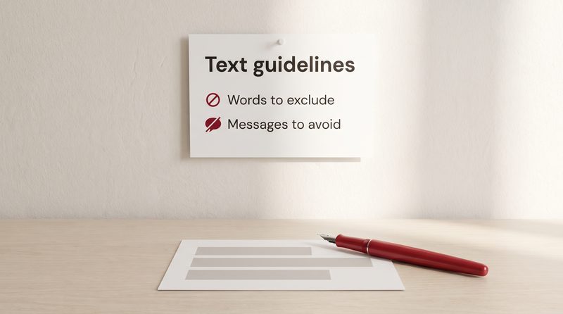 A card pinned to the wall headed Text guidelines, listing Words to exclude and Messages to avoid, above a blank advert proof and a crimson fountain pen