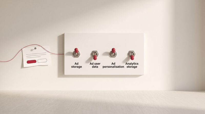 A small consent card joined by a crimson thread to a panel of four switches labelled Ad storage, Ad user data, Ad personalisation and Analytics storage, two up and two down