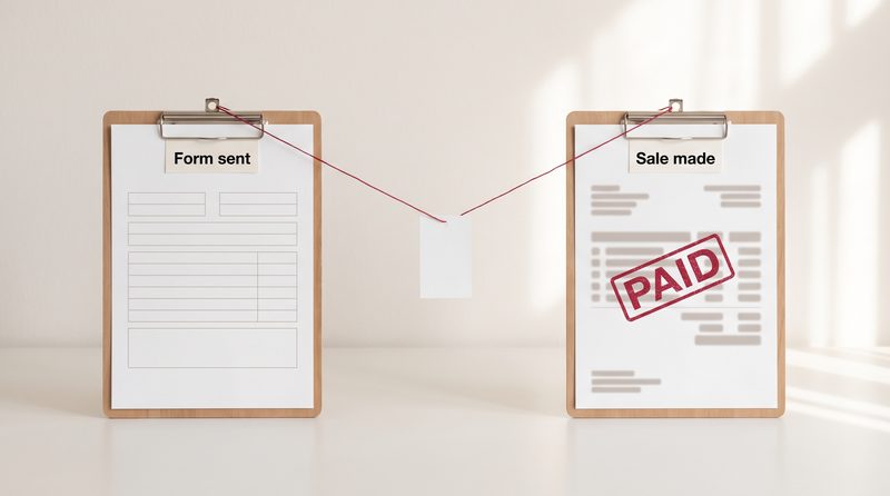 Two clipboards joined by a crimson thread, one holding a blank form labelled Form sent, the other an invoice stamped PAID labelled Sale made
