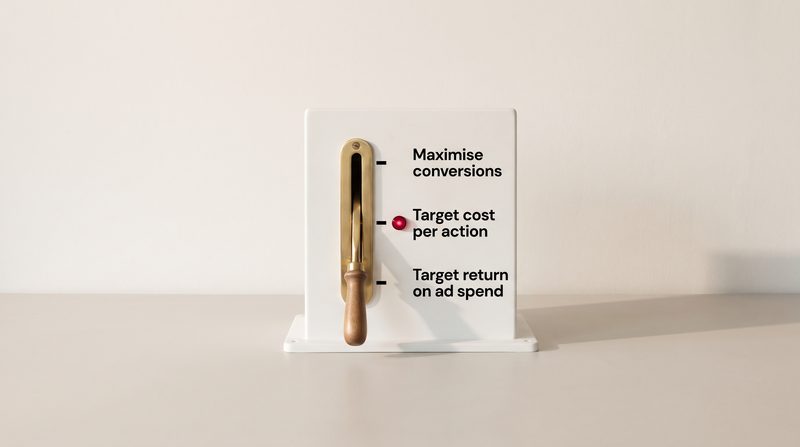 A brass lever on a white stand set to Target cost per action, between Maximise conversions above and Target return on ad spend below