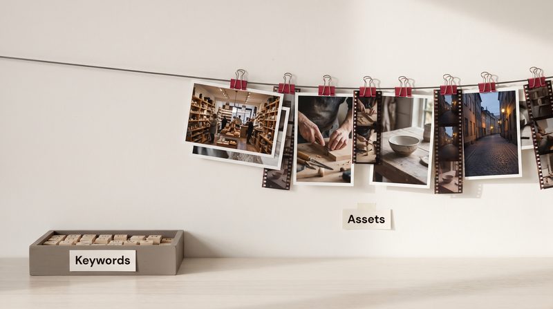 Photographs and film strips held by crimson clips along a wire above a label reading Assets, with a small tray of letter tiles labelled Keywords pushed to one side on the tabletop