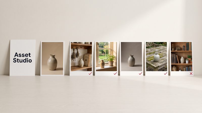 A card reading Asset Studio beside a photograph of a ceramic vase and five versions of it on new backgrounds, four marked with crimson ticks and the bookshelf version with a crimson cross