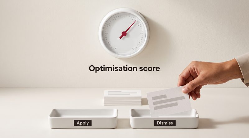 A round gauge with a crimson needle above the words Optimisation score, and a hand placing a suggestion card into the tray labelled Dismiss, next to a tray labelled Apply