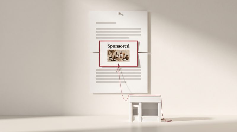 A written answer card on the wall with a smaller crimson-bordered card labelled Sponsored slotted into it, and a crimson thread running down to a small white shop front