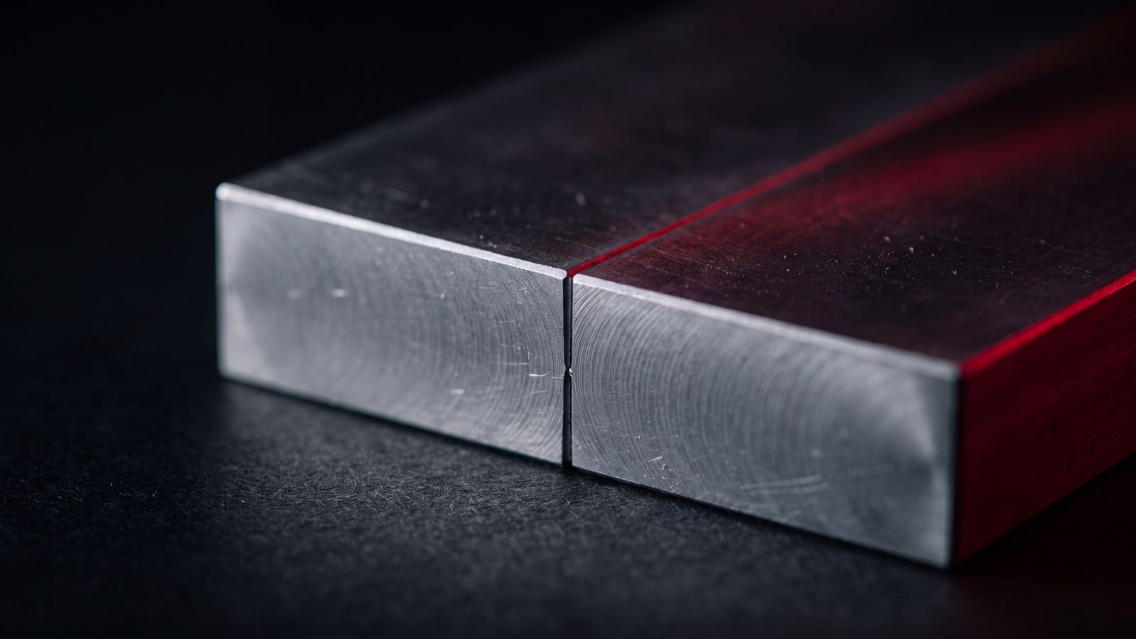 Two machined aluminium blocks meeting on a black surface, a fine seam between them, crimson light along one edge.