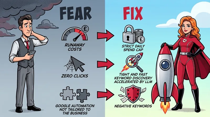 Fear and fix. On the left, a worried business owner and three fears: runaway costs, zero clicks, and Google automation not tailored to the business. On the right, three fixes: a strict daily spend cap, tight and fast keyword discovery accelerated by LLM, and negative keywords.